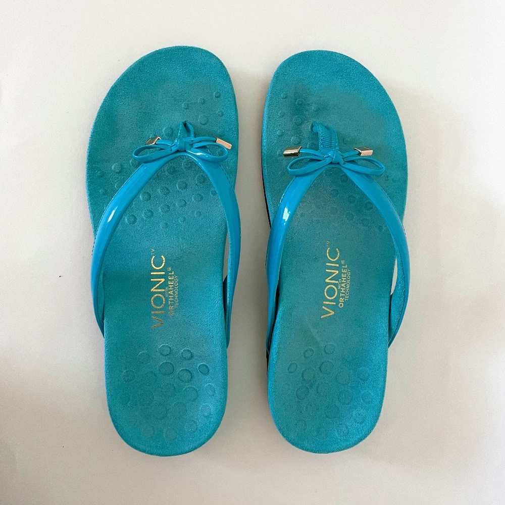 Vionic Bella II Bow Flip Flop Orthaheel Sandals Turquoise Blue – Size 8